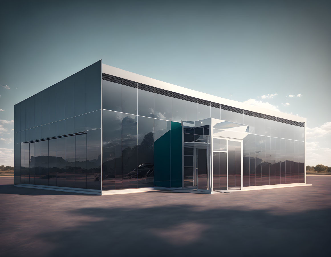 Reflective glass building with minimalist design and prominent entrance at dusk