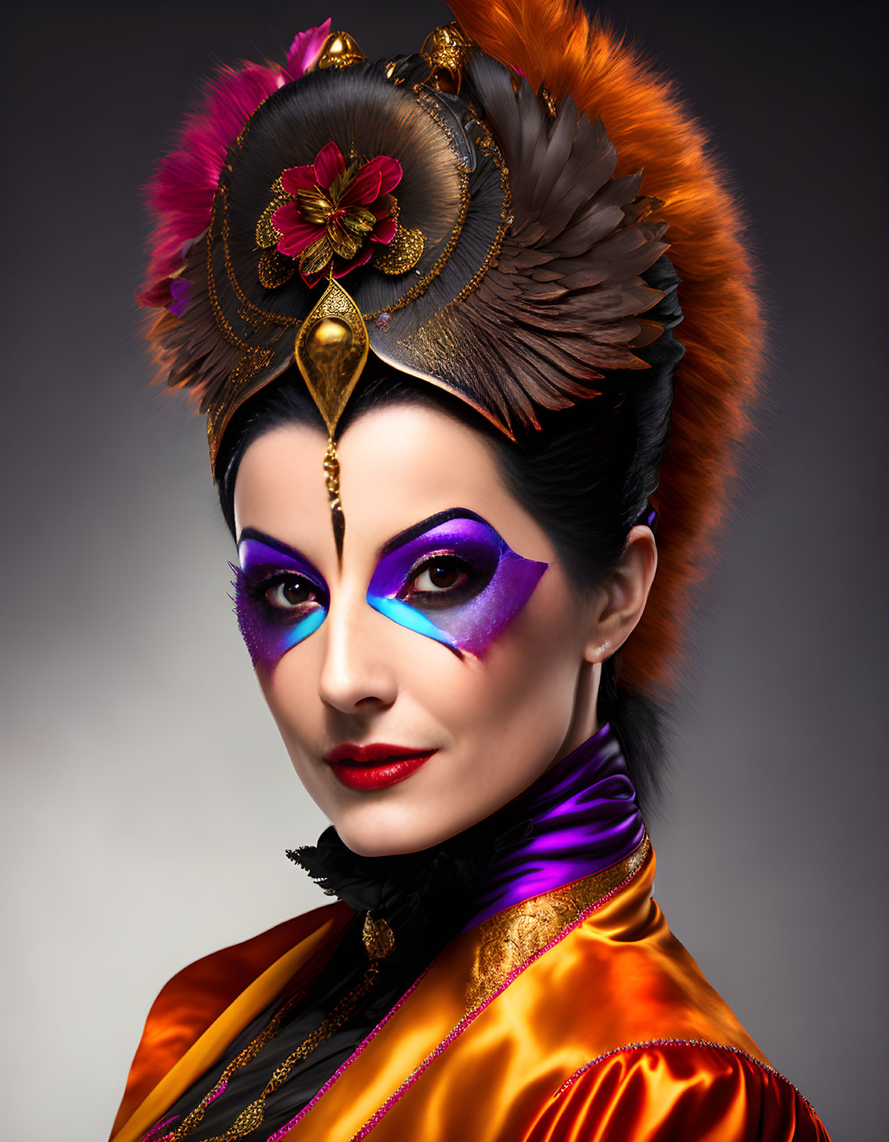 Colorful Woman with Dramatic Makeup and Feathered Headdress