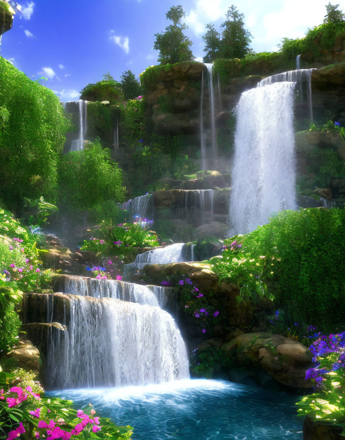 Tranquil waterfall in lush greenery with blue pool