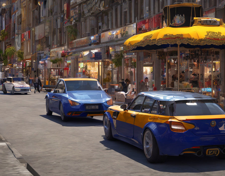 Urban street scene with blue sedan and station wagon parked under yellow umbrella.