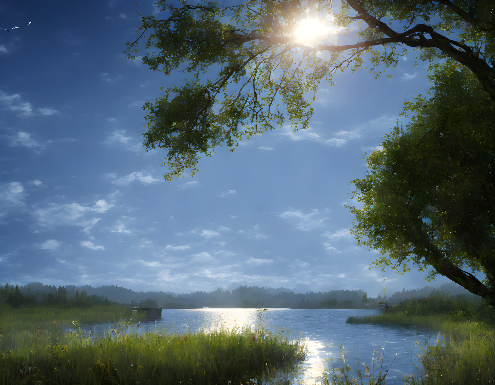 Tranquil lake scene with sunlight filtering through lush tree branches