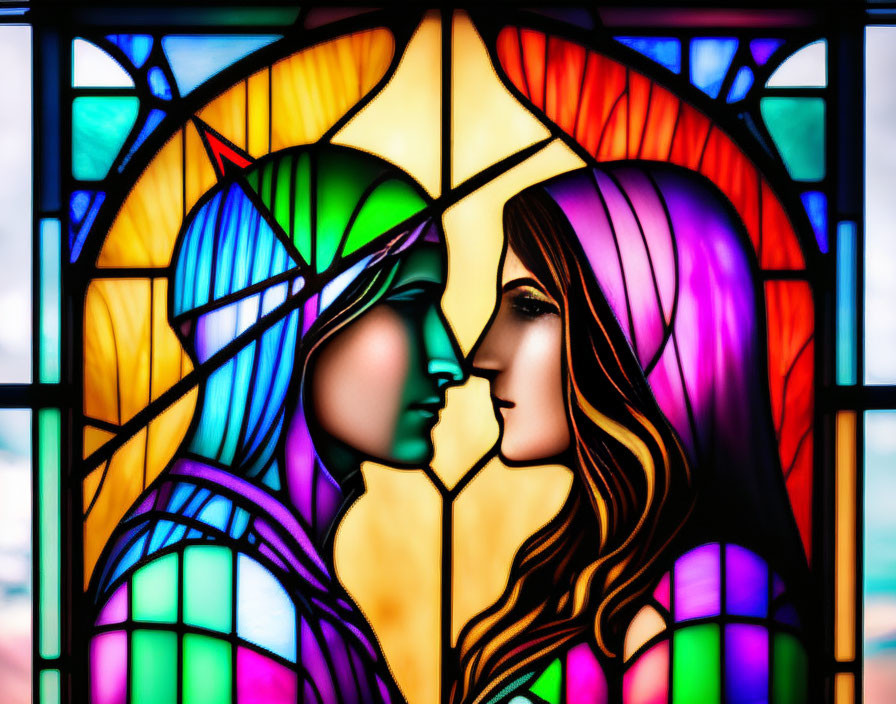 Colorful stained glass window with two faces in profile.