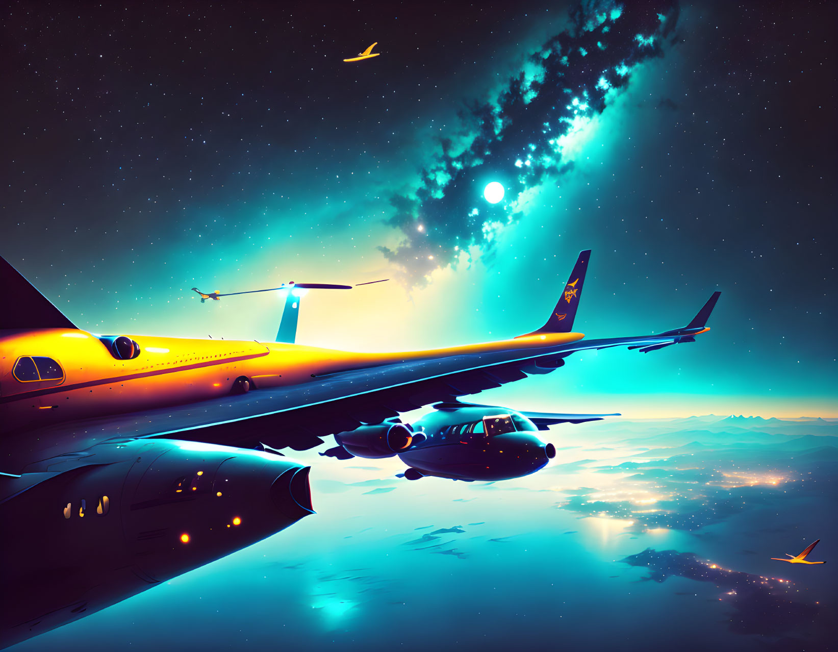 Colorful Surreal Sky with Airplanes, Birds, and Celestial Body