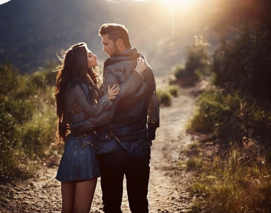 Couple in Matching Denim Outfits Embracing at Sunset