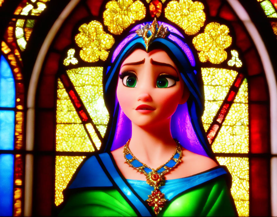 Regal animated princess in blue dress with crown and stained glass window