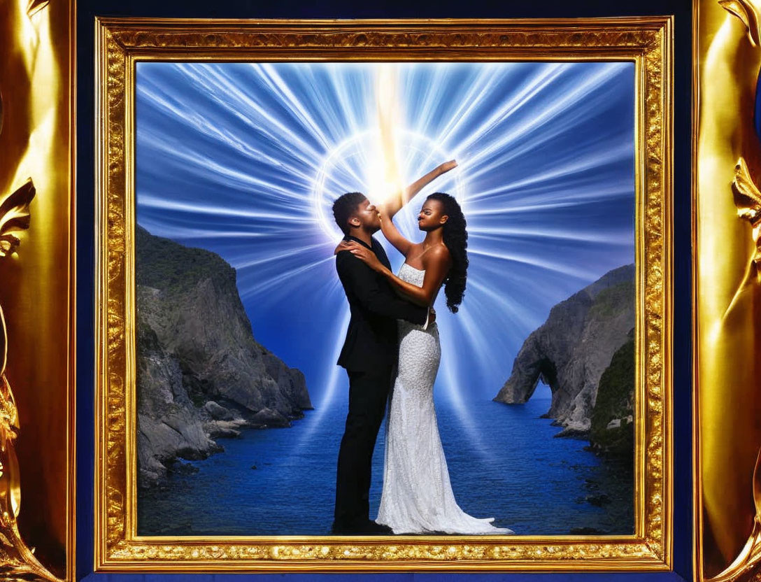 Surreal image: Couple dancing in formal attire with blue light on coastal backdrop