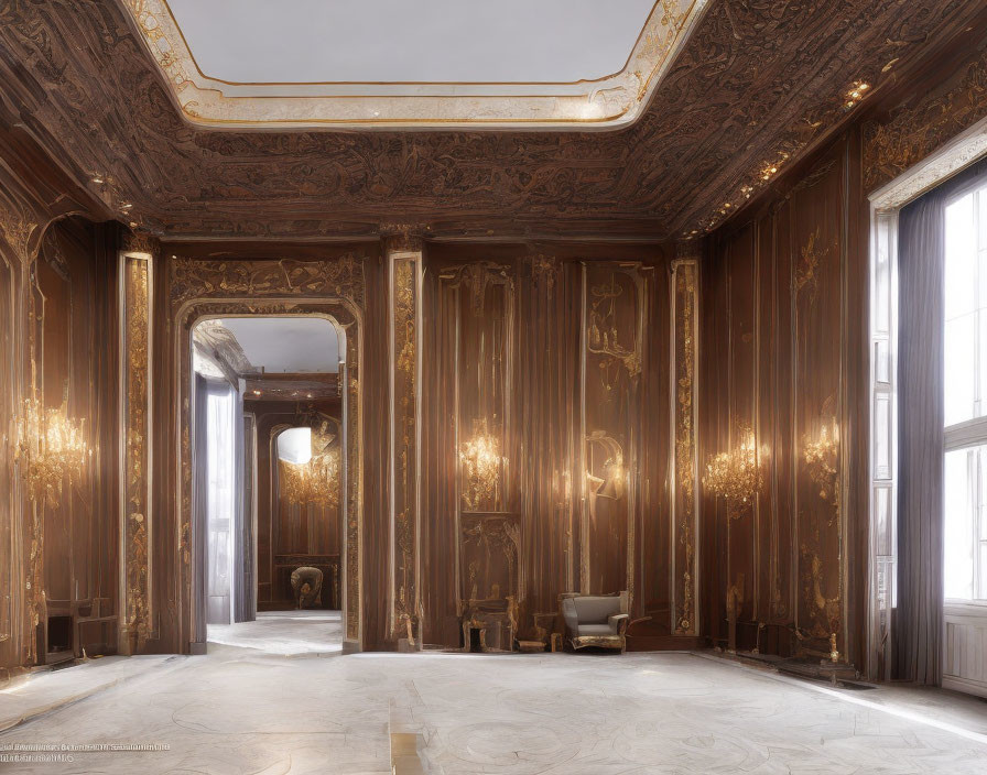 Luxurious Golden Wood Panels, Gilded Sconces, Decorative Ceiling, White Marble Floor