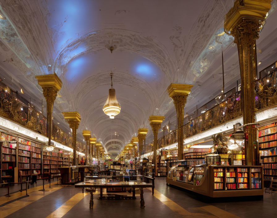 Luxurious bookstore interior with gilded columns, ornate ceilings, and shelves filled with books