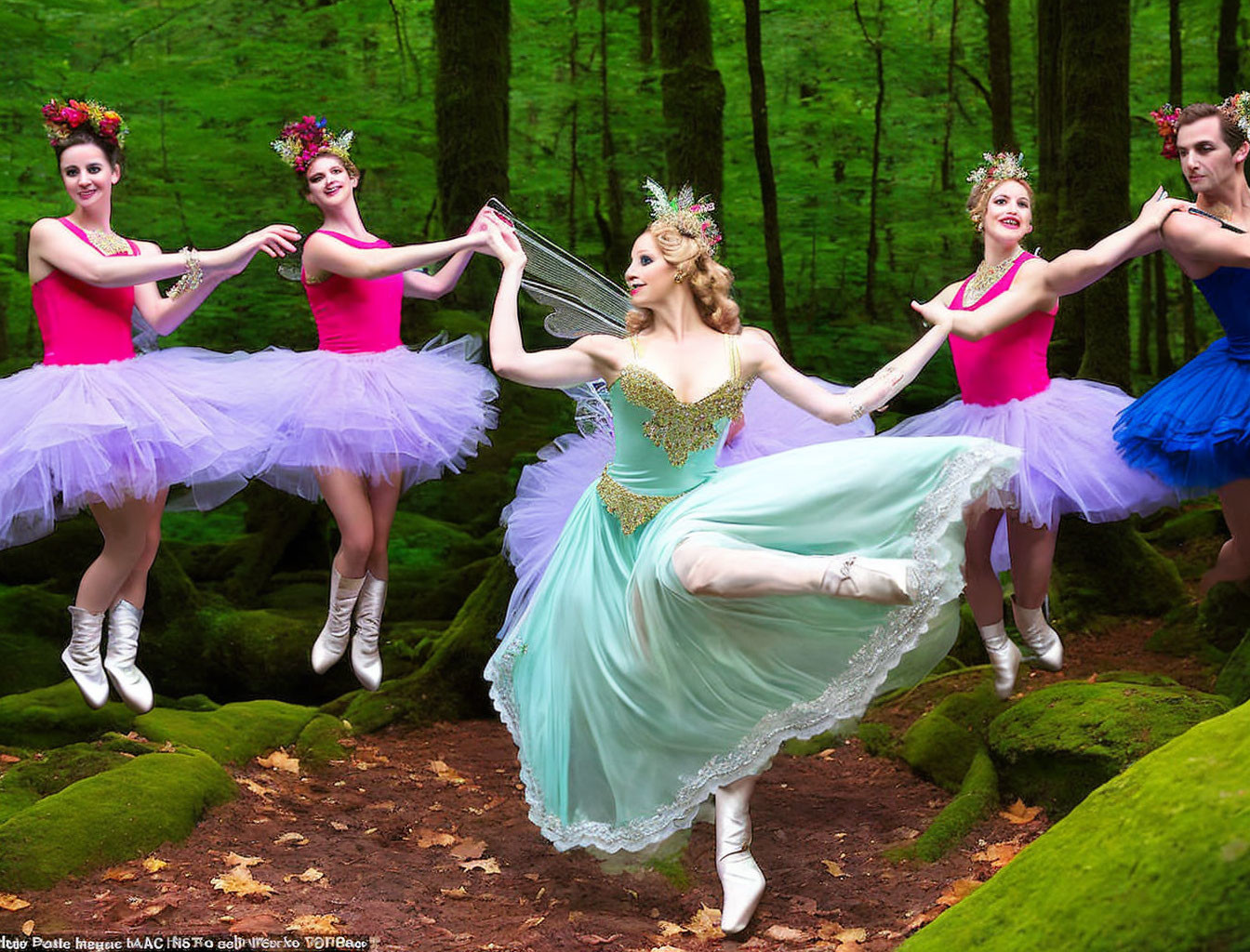 Five ballet dancers in colorful attire with floral crowns performing in a forest, central dancer in teal dress