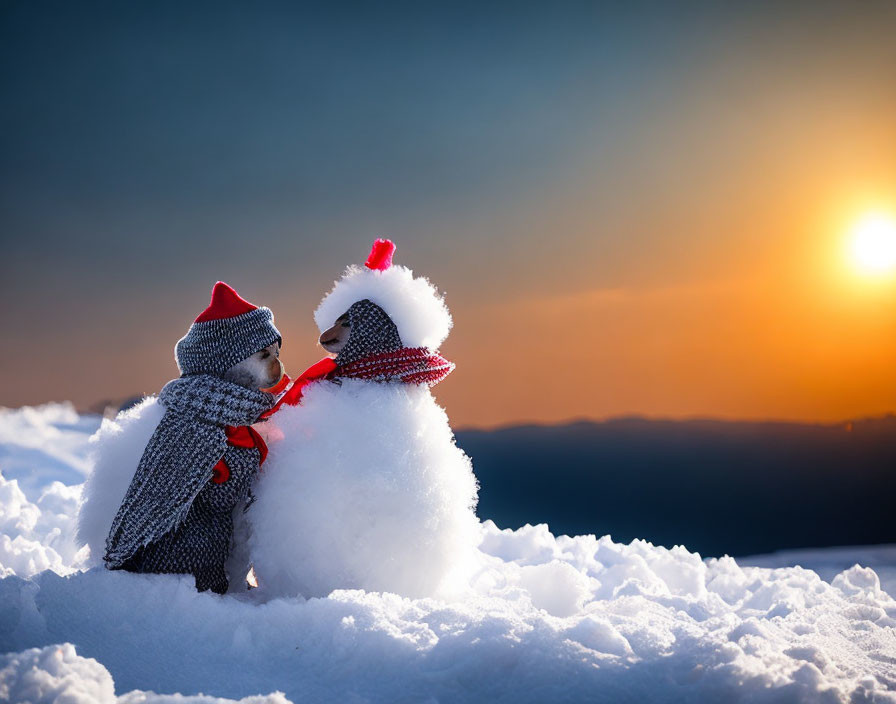 Teddy bear with hat and scarf hugging snowman in snowy sunset scene