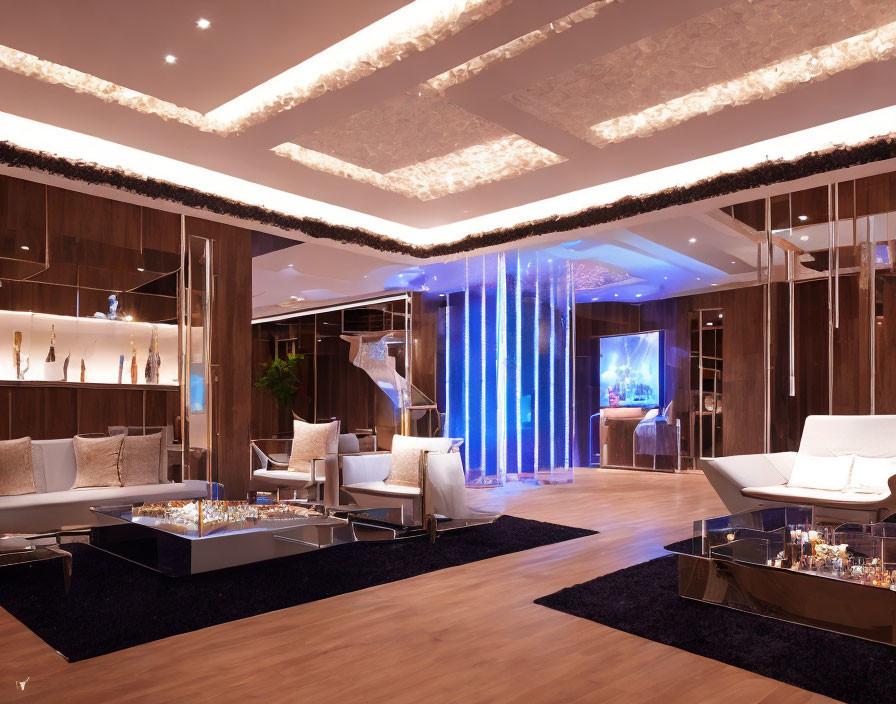 Luxurious Interior with LED Lighting, Modern Furniture, Blue Water Feature