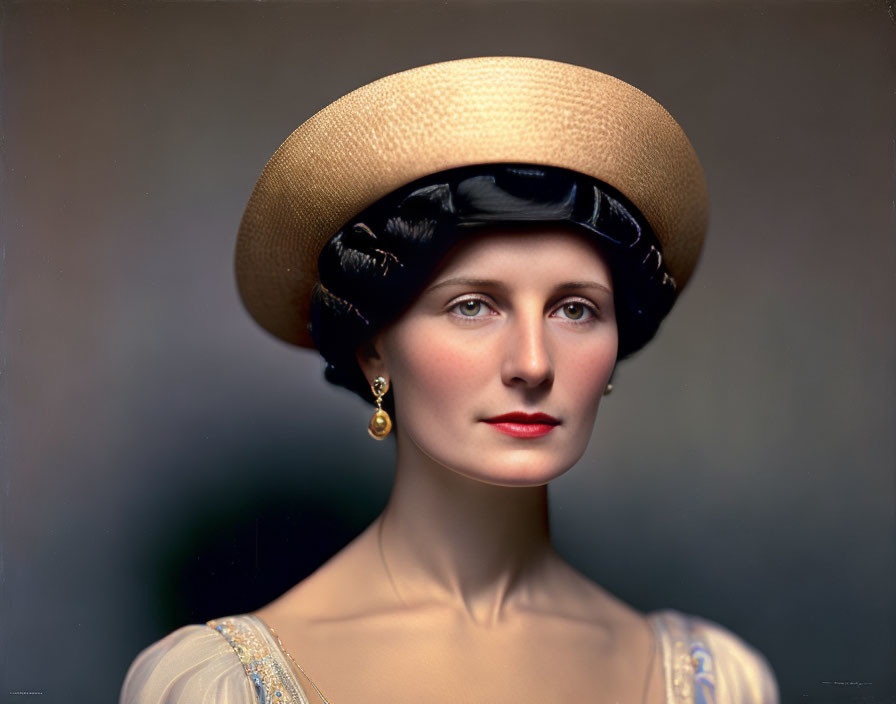 Serene woman in straw hat and elegant dress with gold earrings against muted background