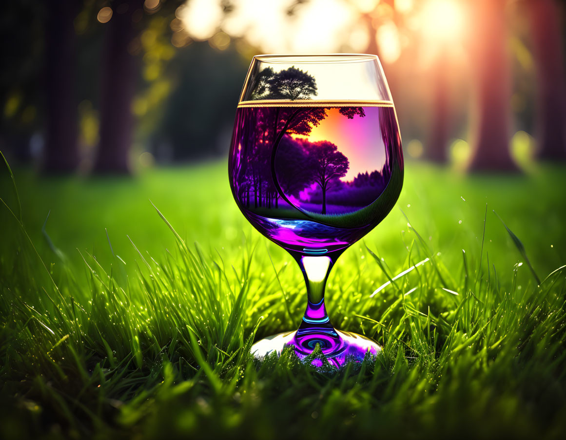 Sunset reflection in wine glass on grass with tree silhouette and purple hues