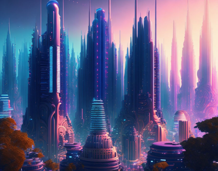 Neon-lit skyscrapers in futuristic cityscape at twilight