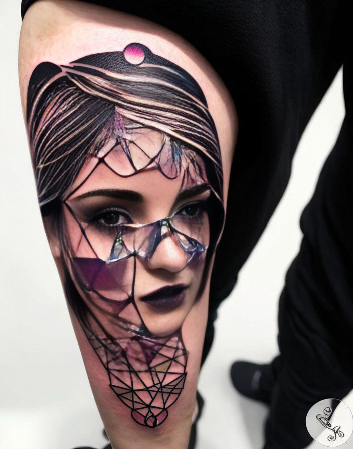 Geometric patterned woman's face tattoo on forearm