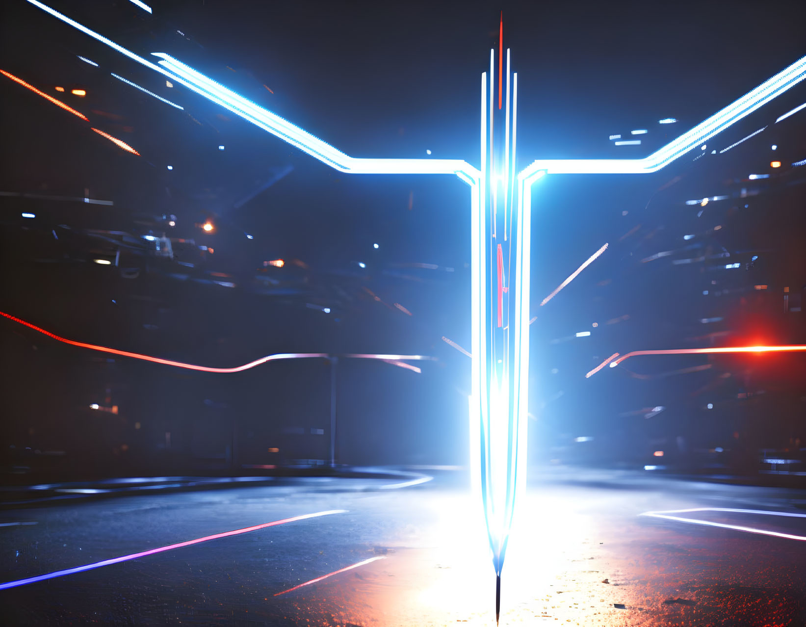 Neon-lit futuristic scene with blue and red lines converging on reflective surface