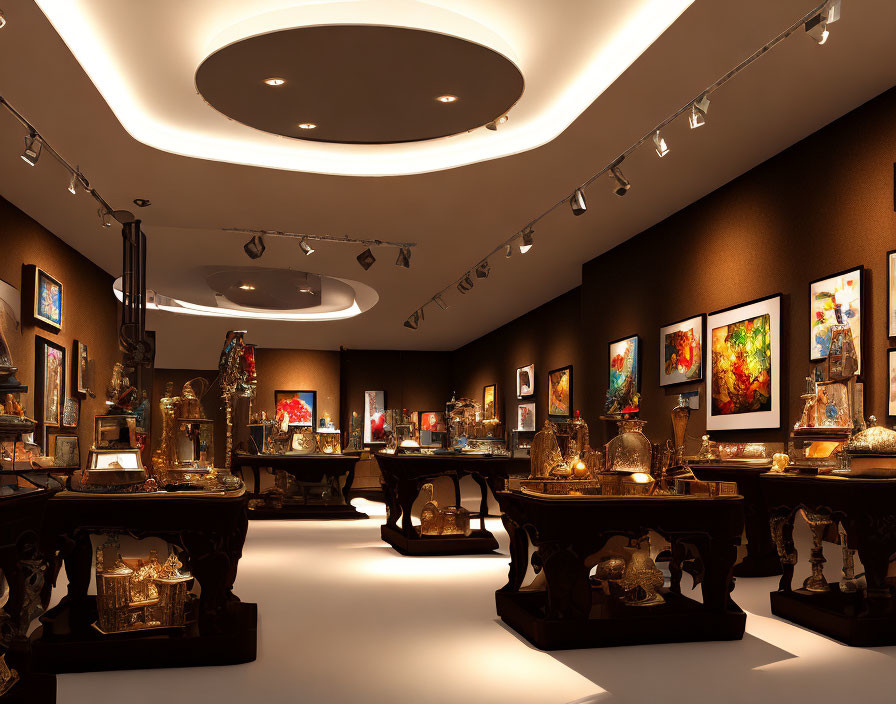 Sophisticated art gallery interior with paintings, sculptures, track lights, dark walls, and circular ceiling