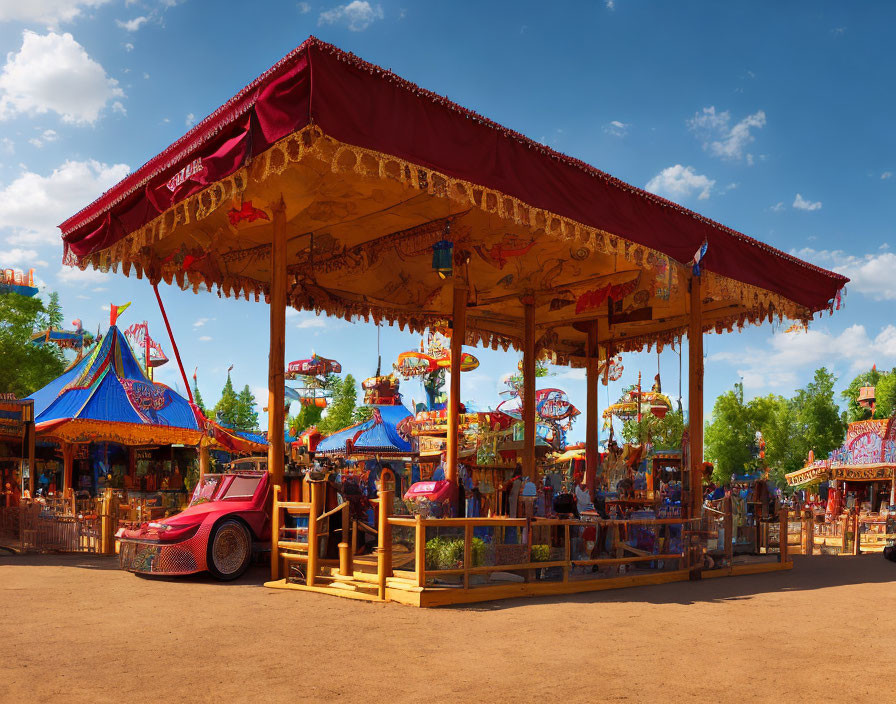 Colorful merry-go-round and amusement park rides under blue sky