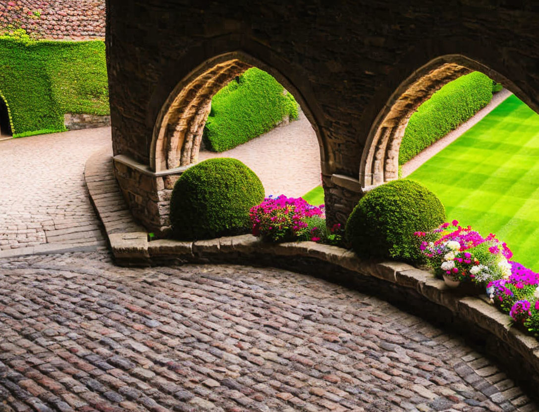 Stone archway above manicured hedges, vibrant flowers, and cobblestone path