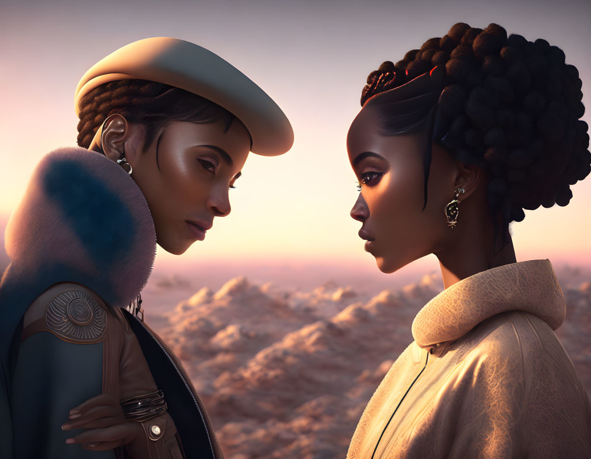 Computer-generated women in blue beret and cream coat against desert sunset.