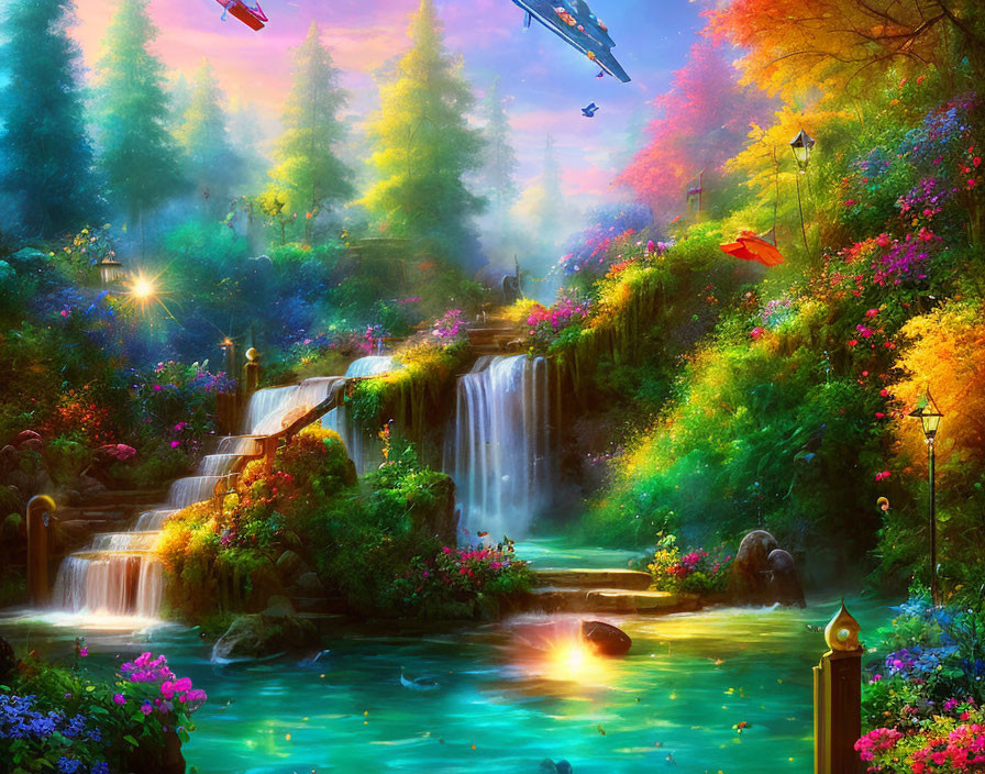 Fantastical landscape with waterfall, lush flora, floating ships & colorful sky