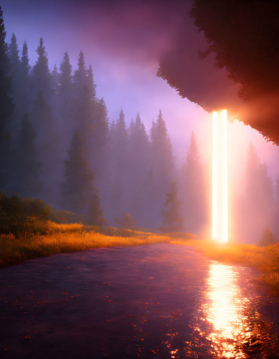 Surreal glowing light structure in mystical landscape