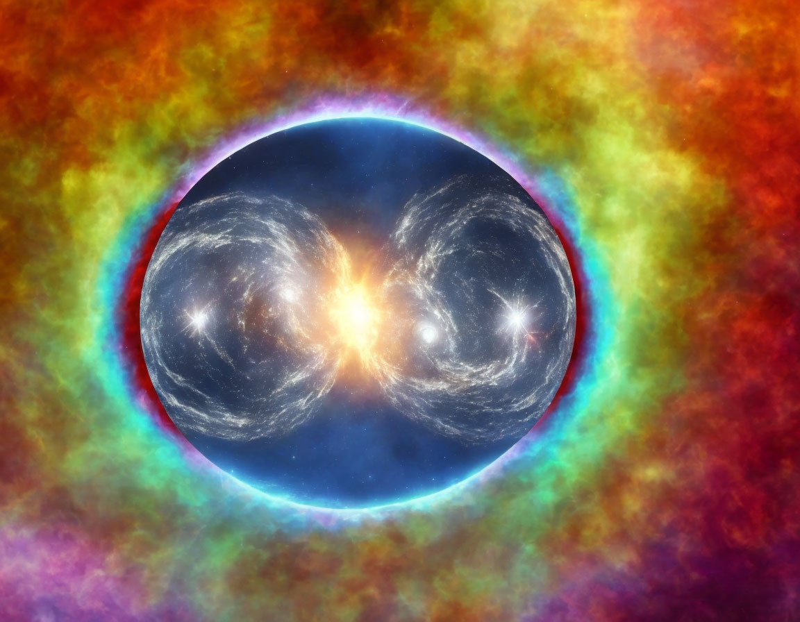 Colorful celestial object with glowing blue core and nebulous clouds in red, yellow, green, purple