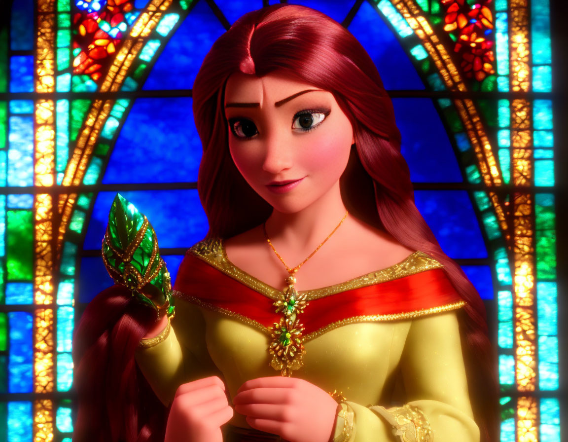 Auburn-haired princess holding jeweled leaf in front of stained glass windows