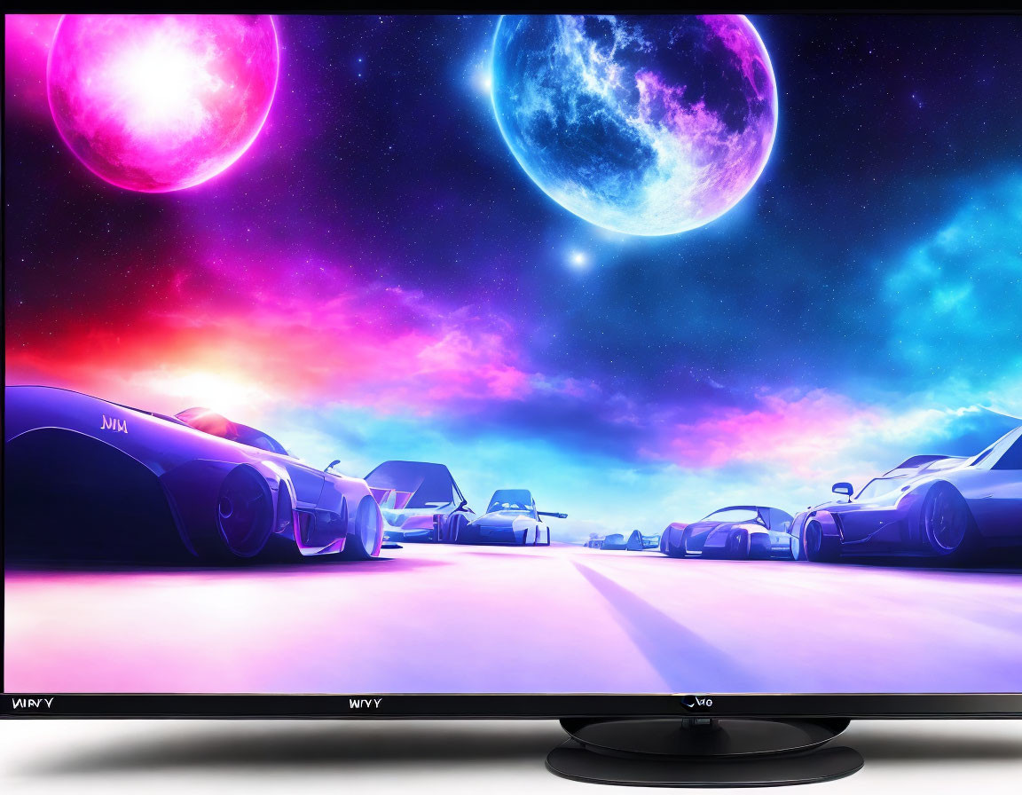 Futuristic cars on road with celestial bodies in colorful sky on TV