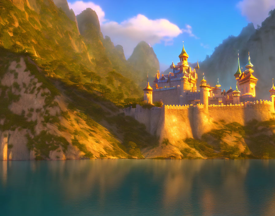 Golden-spired castle by misty mountains and tranquil lake