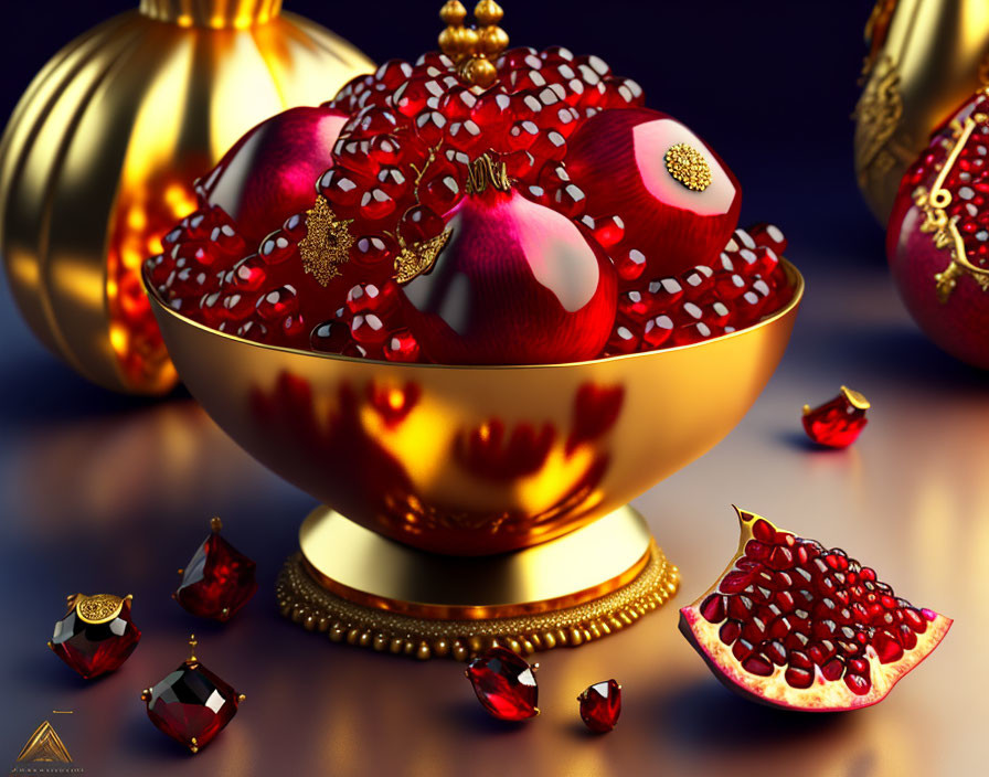 Golden bowl with jeweled pomegranates and seeds on dark background