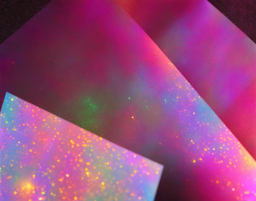 Shimmering Rainbow Holographic Paper Sheets on Dark Surface