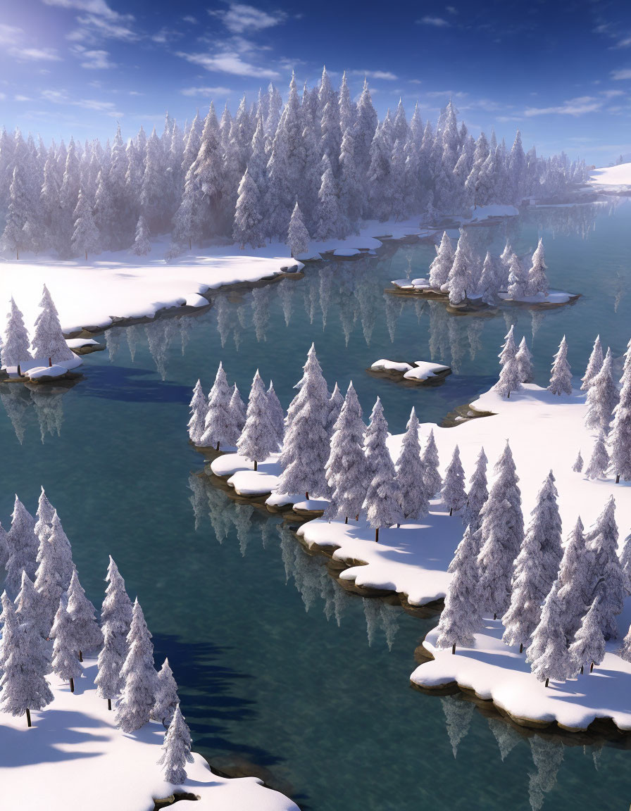 Snow-covered pine trees and frozen river in serene winter scene