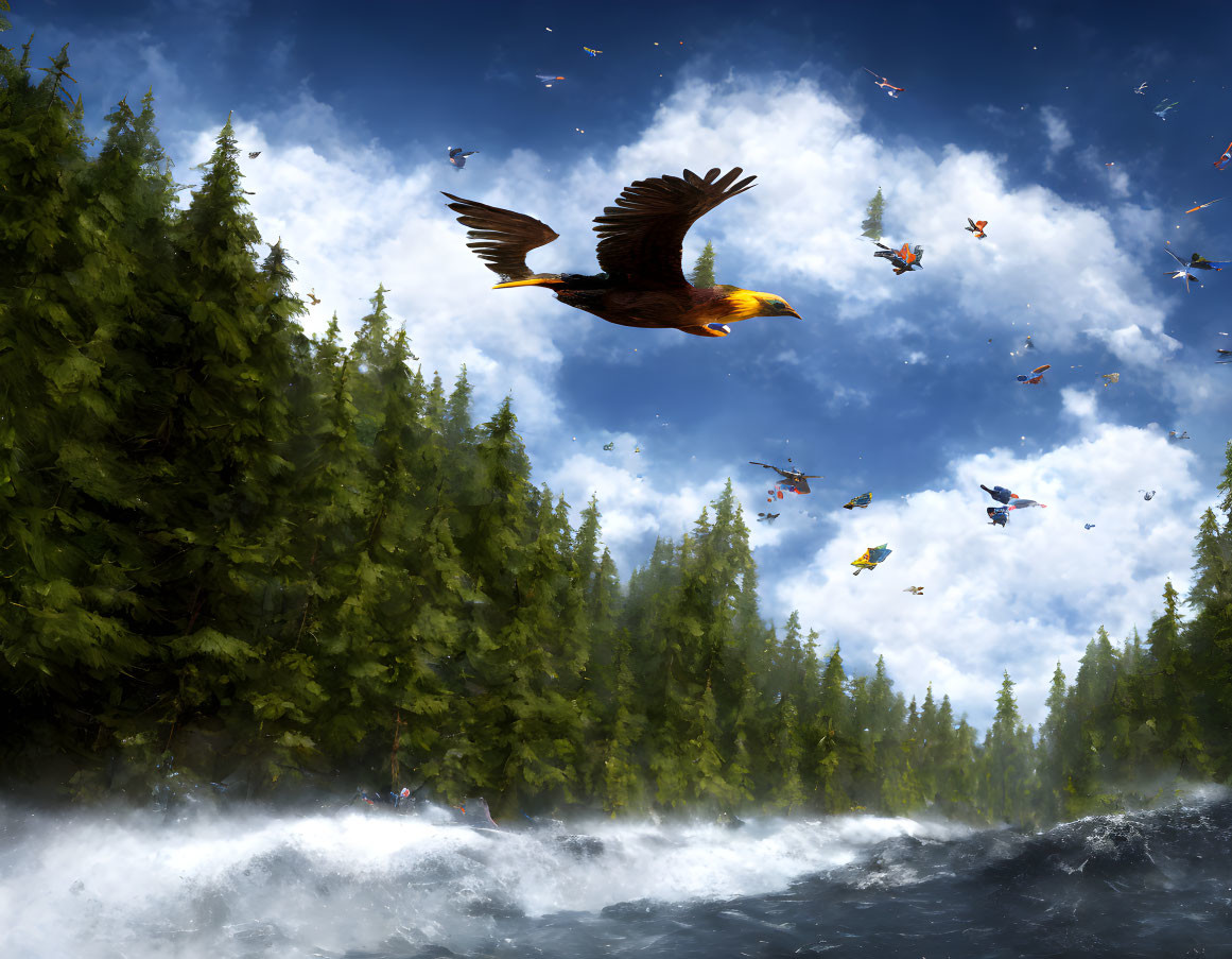 Majestic eagle flying over river and forest under colorful sky