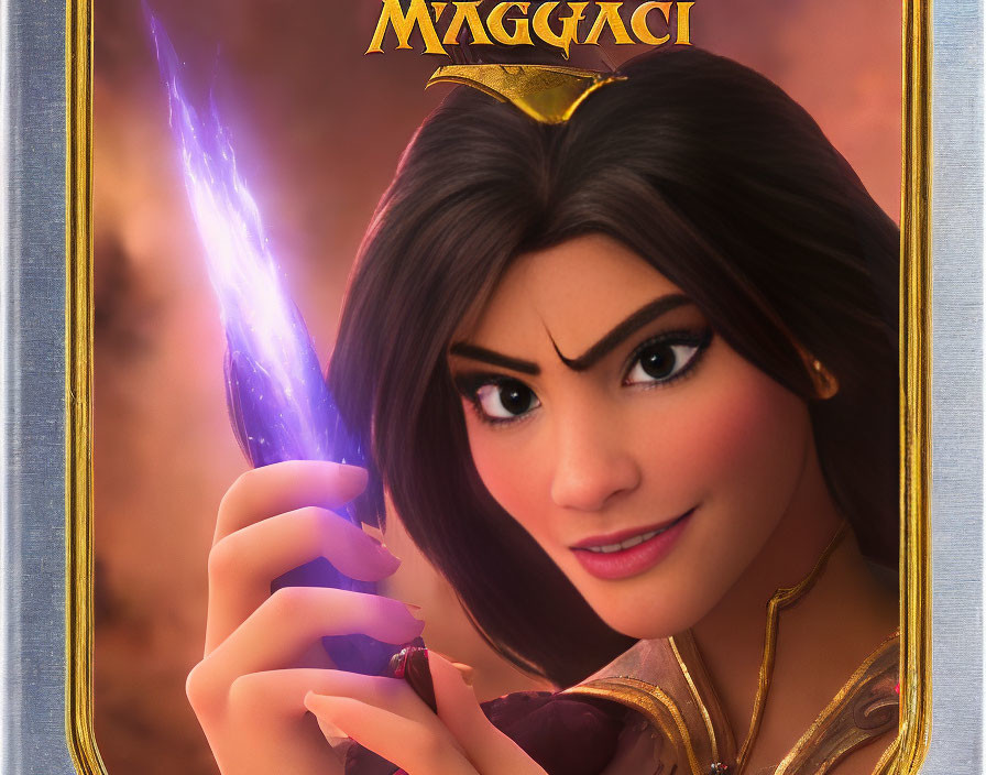 Brown-haired animated female character holding purple magical element in golden frame with "MAGGICI" above