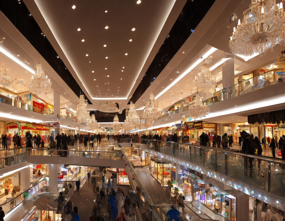 Elegant multi-level shopping mall with diverse retail stores and chandeliers