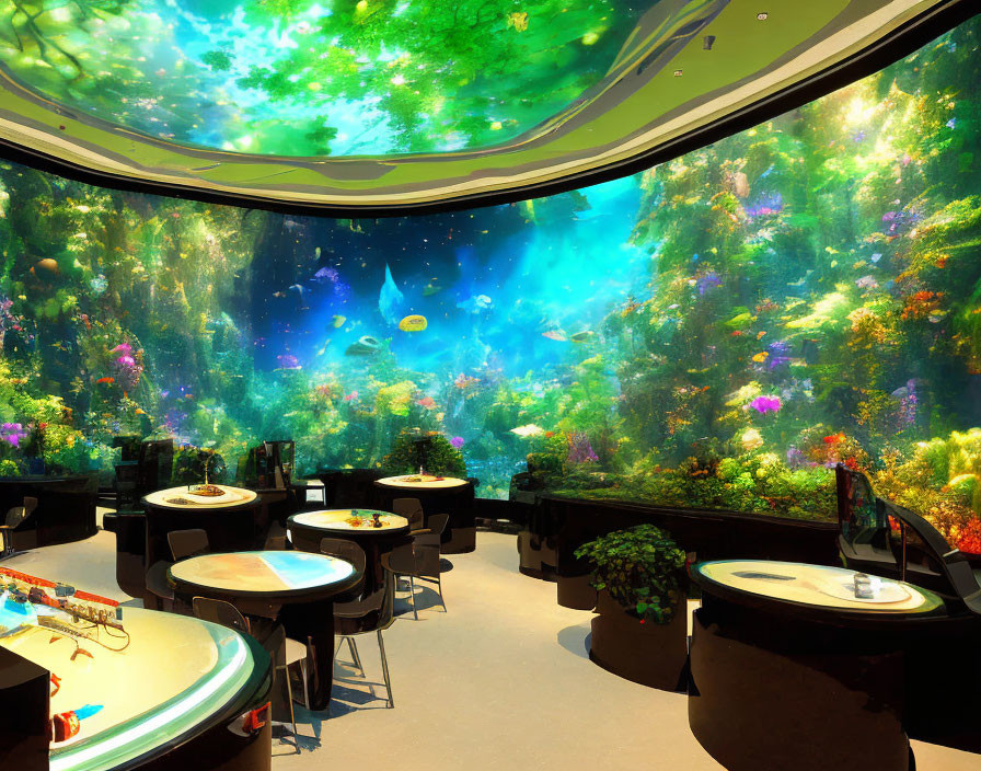 Colorful Underwater-Themed Restaurant with Aquatic Environment Screens