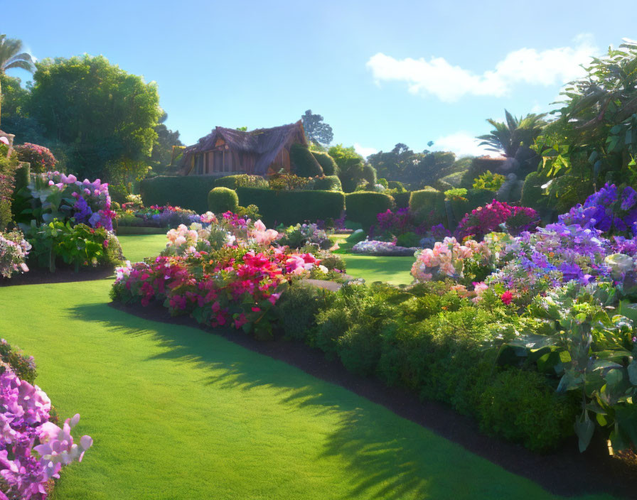 Vibrant flower garden with manicured lawns and thatched-roof structure