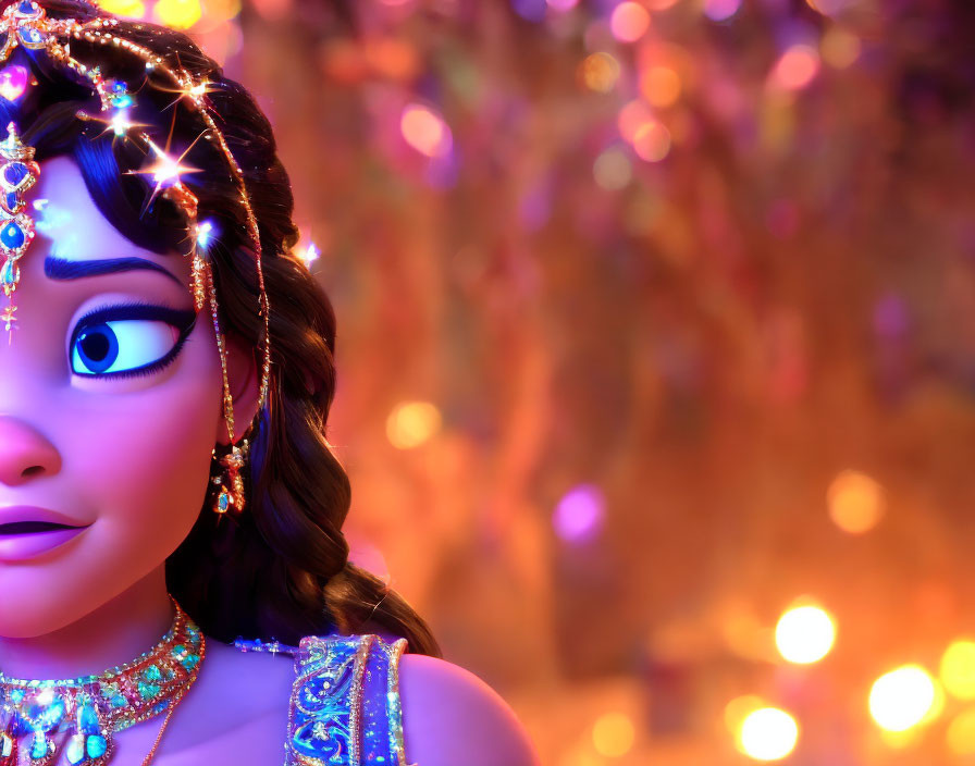 Elaborate jewelry on 3D animated female character with glowing bokeh lights