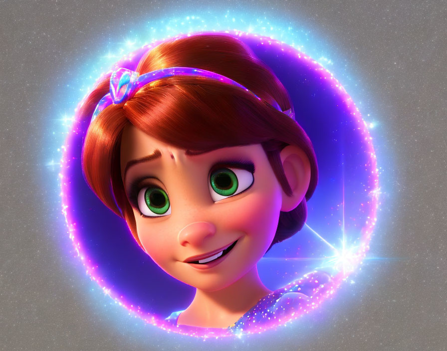 Auburn-haired animated character with green eyes and purple headband in magical halo