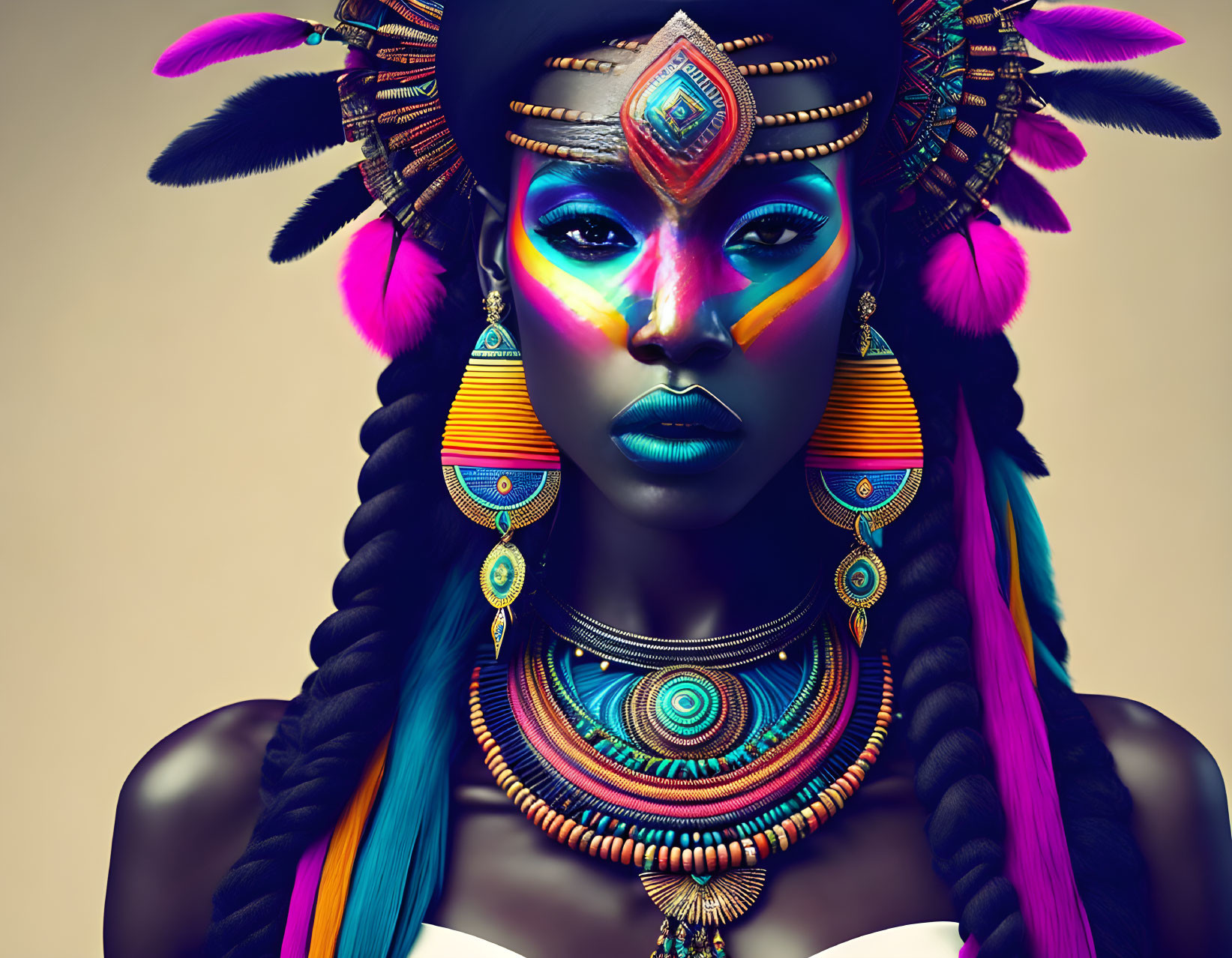 Vibrant tribal makeup and feathered headdress on woman with detailed jewelry