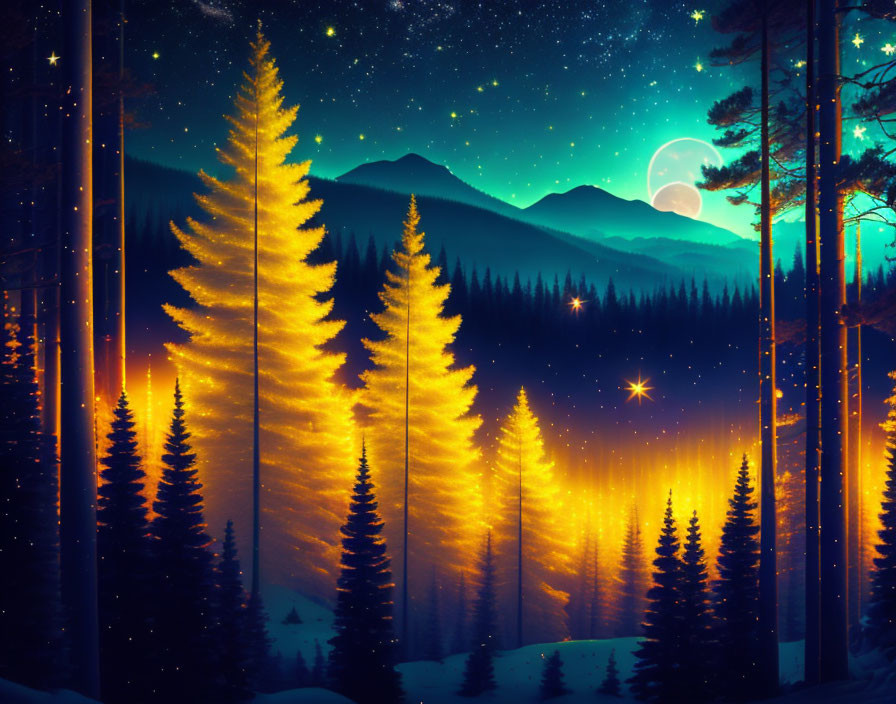 Mystical night landscape with illuminated trees, starry sky, moon, and mountain.