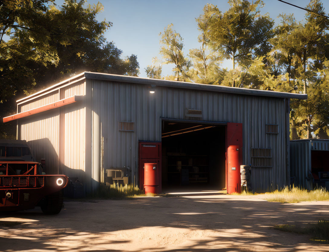 Sunlit metal warehouse with open red doors, red truck parked outside surrounded by trees