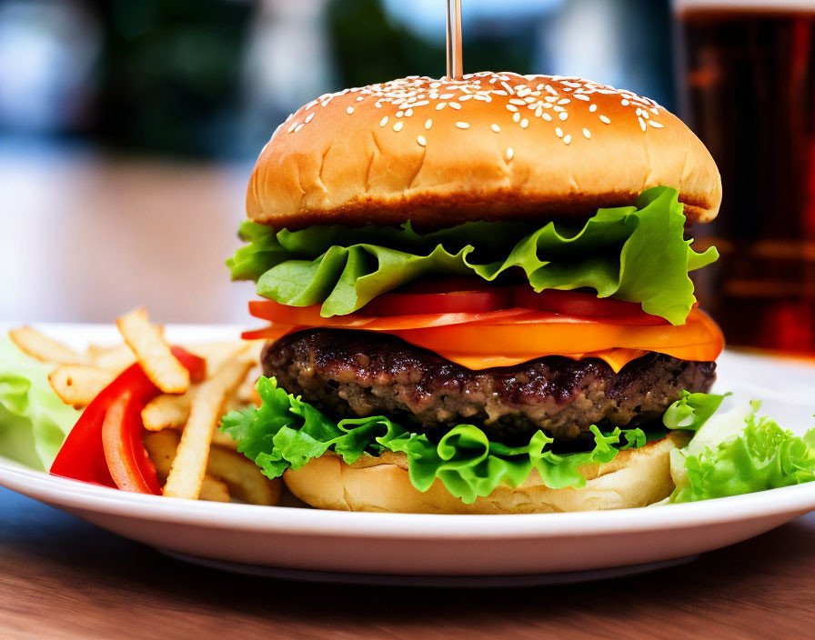 Classic Beef Burger with Lettuce, Tomato, Cheese, and Fries