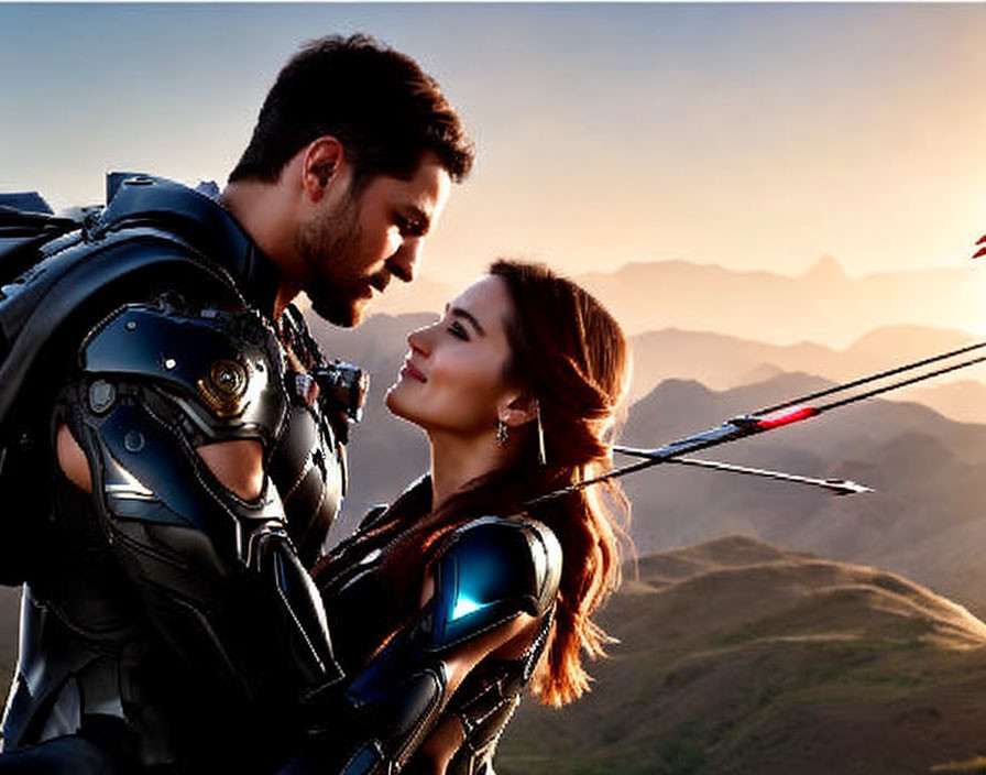 Futuristic armored man and injured woman share tender moment in mountainous sunset scene