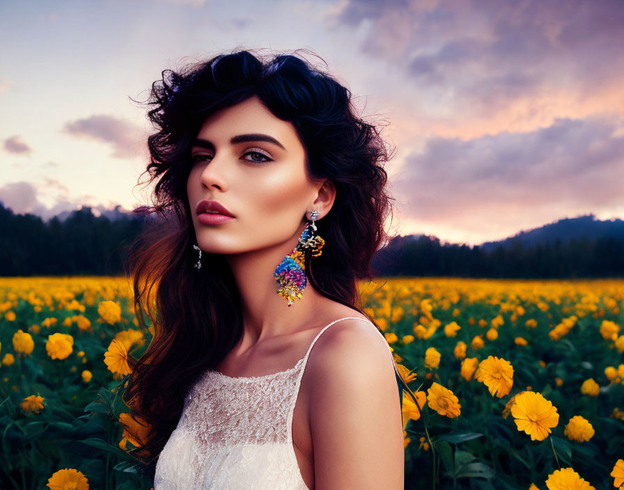 Dark-haired woman with colorful earrings in yellow flower field at sunset