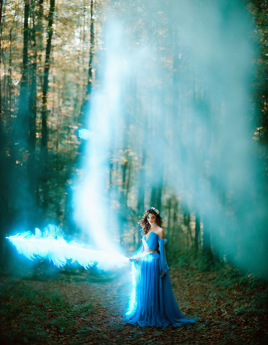 Woman in Blue Gown with Light Beam in Mystical Forest