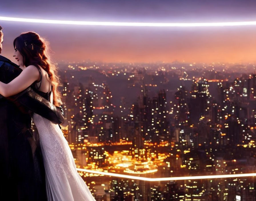 Formal Attired Couple Embracing Cityscape at Dusk