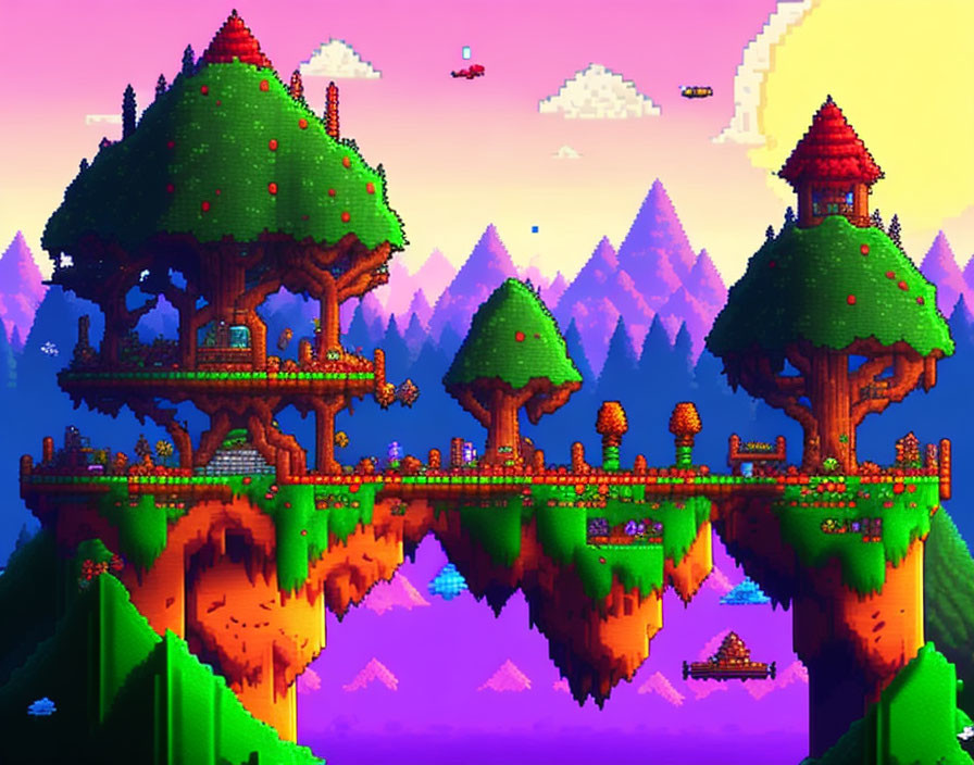 Vibrant Pixel Art: Floating Island with Trees, House, and Mountainous Purple Backdrop