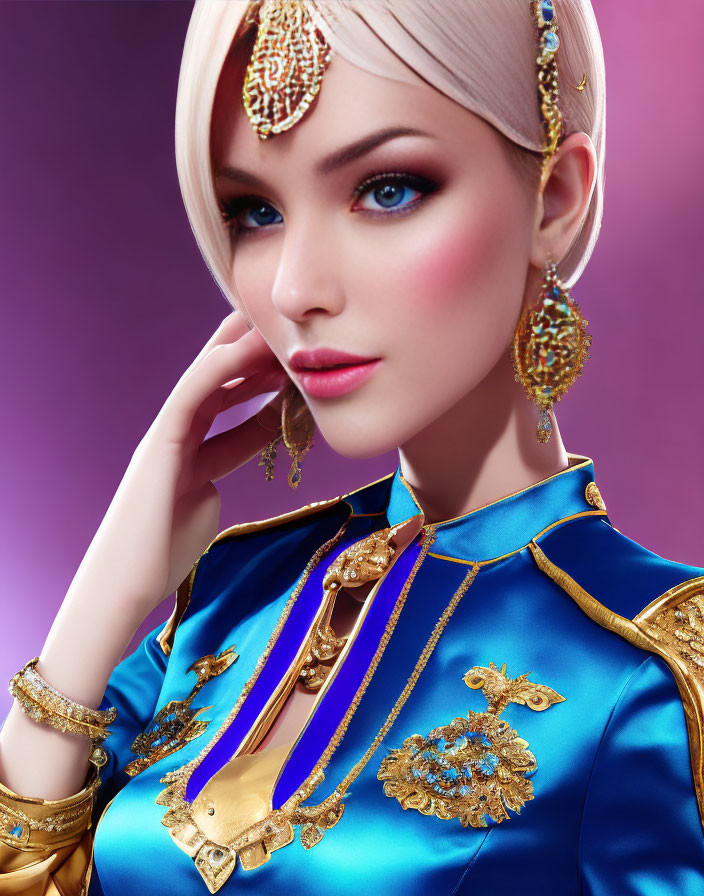 Platinum blonde woman in blue-gold outfit with gold jewelry on purple background